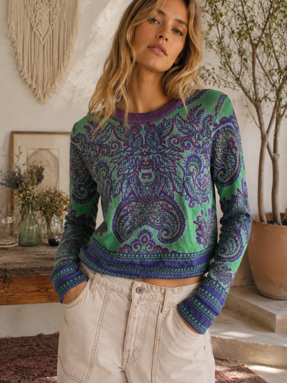 Free People Paisley Jacquard Cropped Sweater Green Purple Size Large